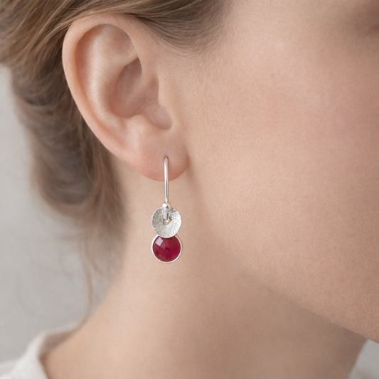 Sterling silver dangle ruby earrings. July birthstone earrings.