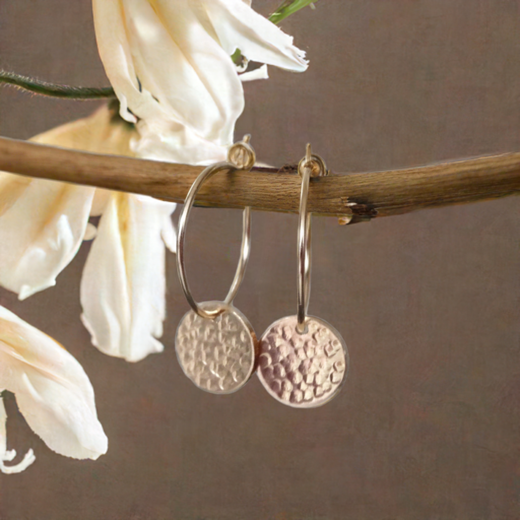 14k Gold filled hammered disc hoop earrings.