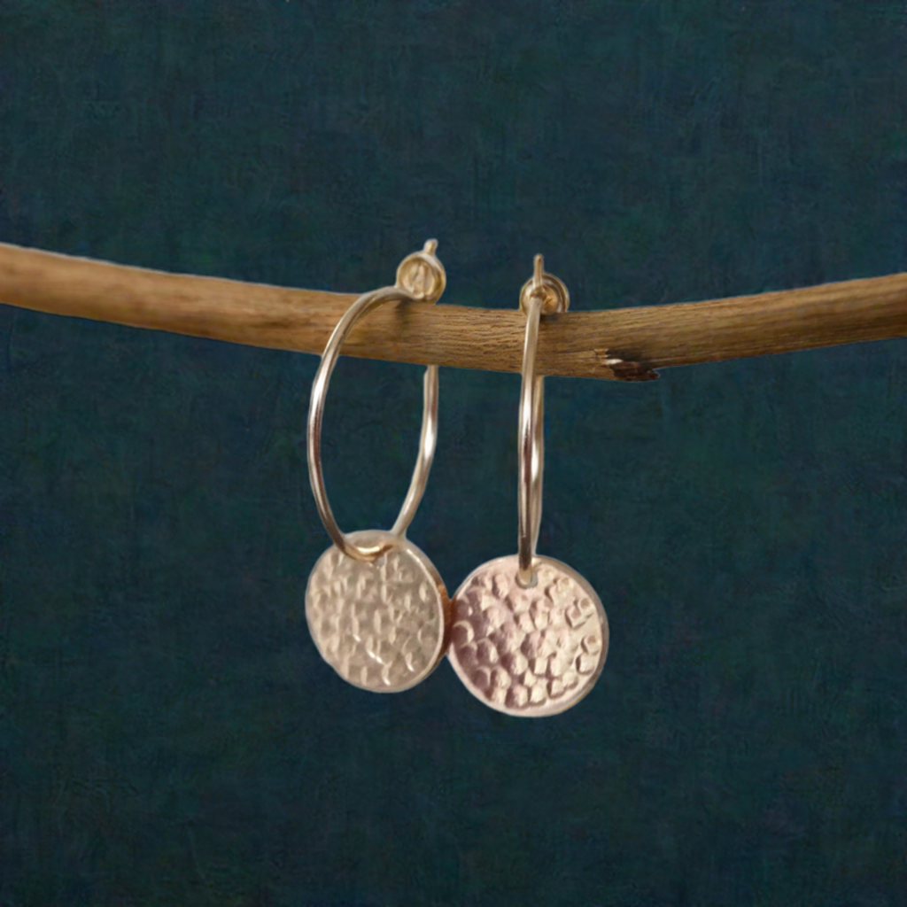 14k Gold filled hammered disc hoop earrings.