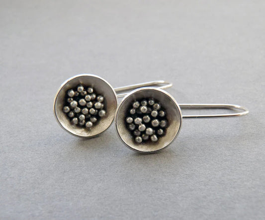 Sterling silver bowl drop earrings with granulation