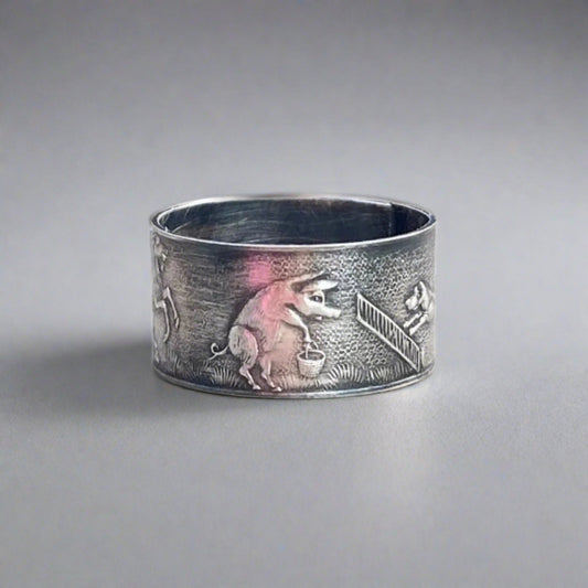 Farm Animals Oxidised Sterling Silver Wide Band Ring.