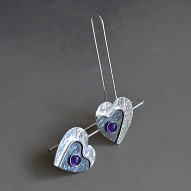 Amethyst heart long sterling silver earrings. February birthstone earrings.