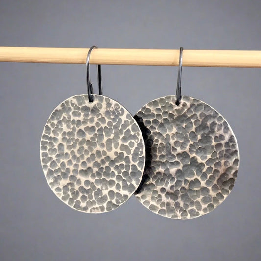 large textured oxidised sterling silver disc dangle earrings