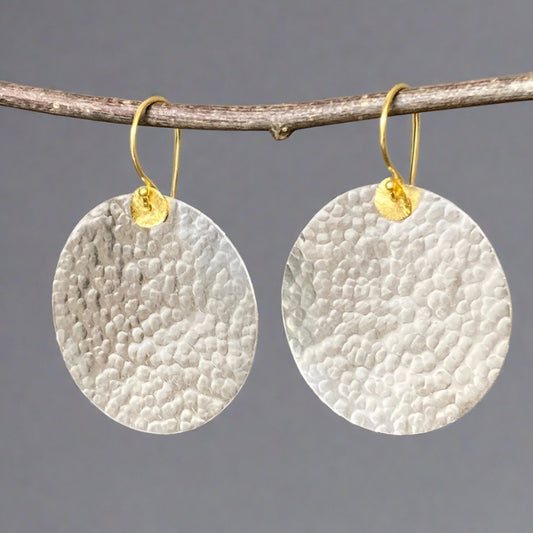 large silver and gold disc dangle earrings