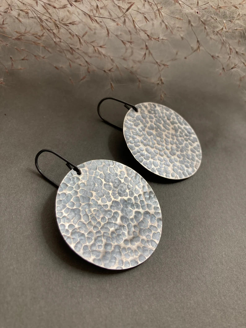 Large oxidised sterling silver disc earrings
