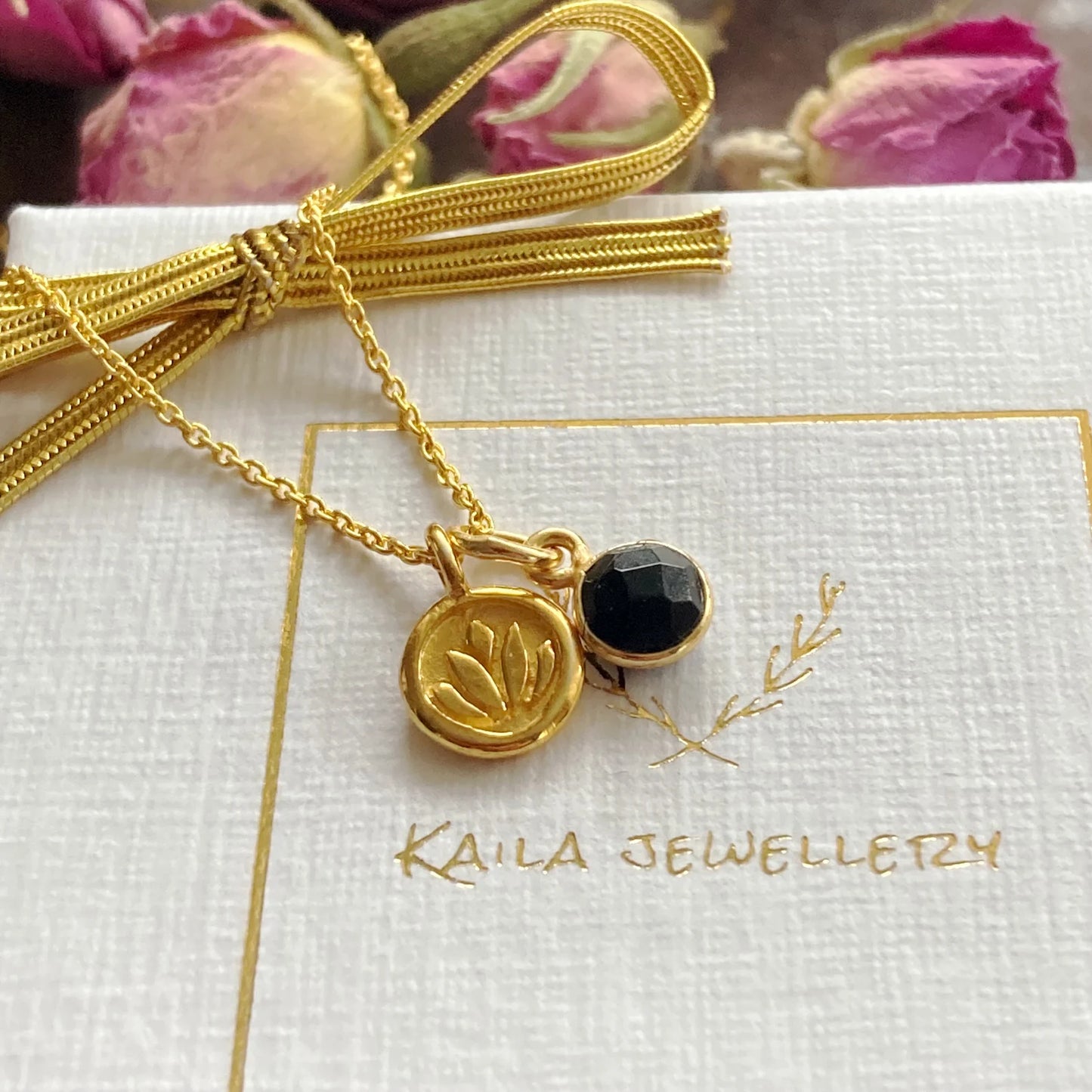 Black onyx, lotus charm, 24k gold vermeil necklace