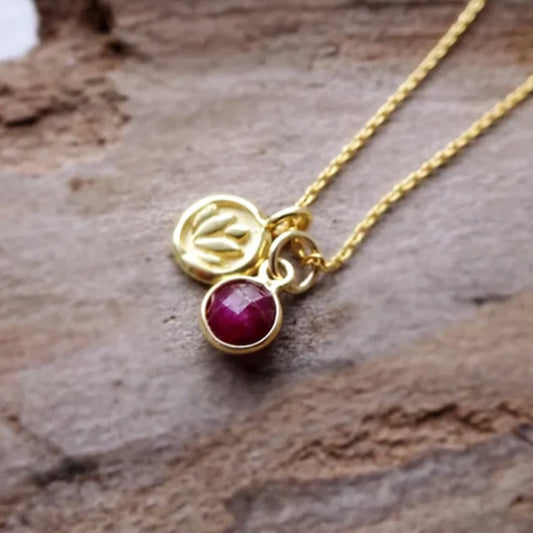 Ruby, lotus charm 24k gold vermeil necklace