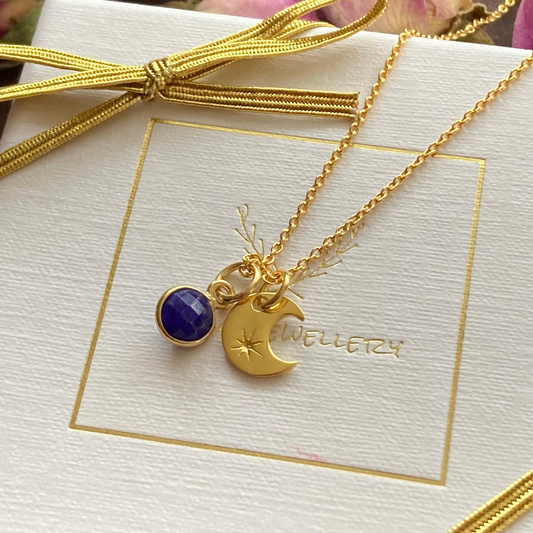 Sapphire, crescent moon, 24k gold vermeil necklace