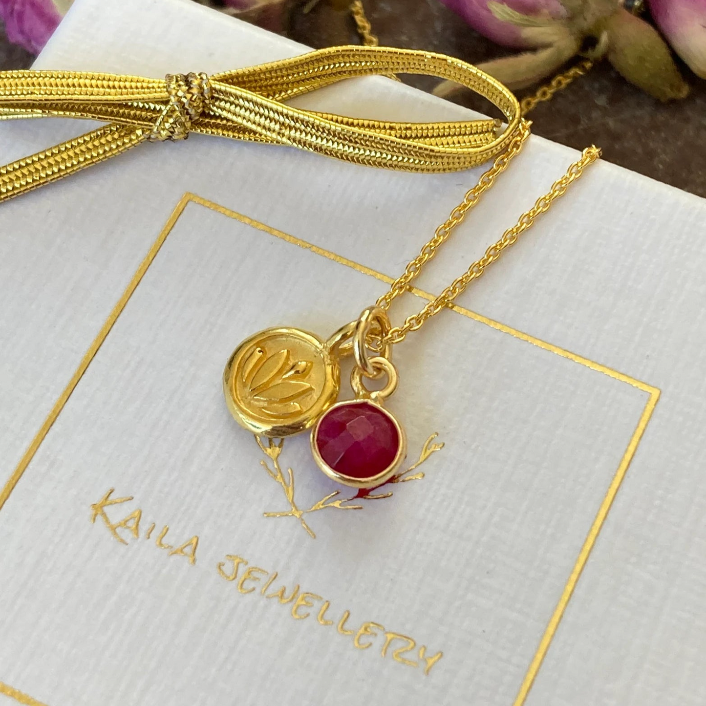 Ruby, lotus charm 24k gold vermeil necklace