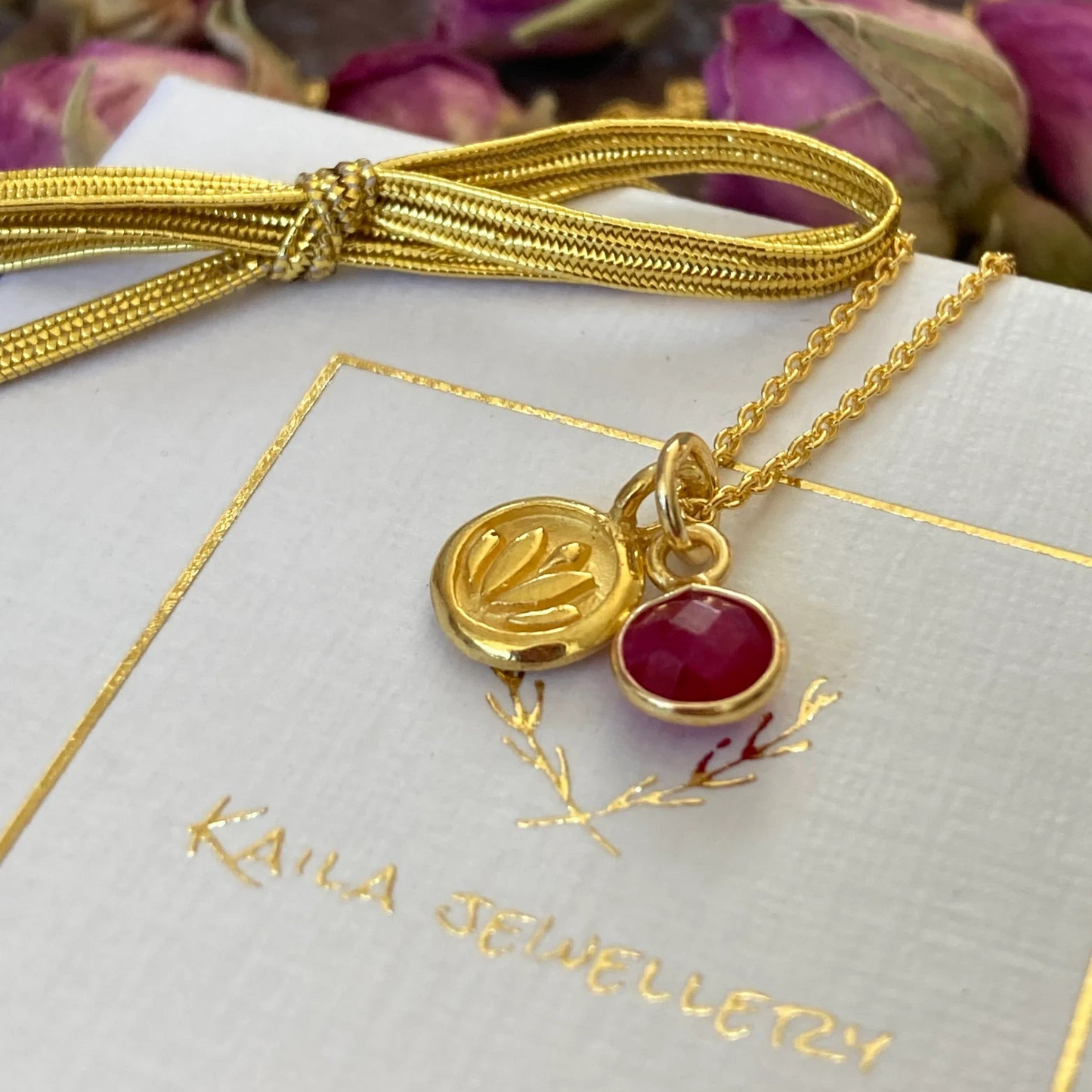 Ruby, lotus charm 24k gold vermeil necklace