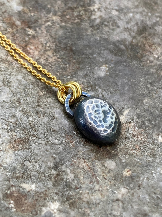 Organic sterling silver pebble necklace, gold vermeil chain.
