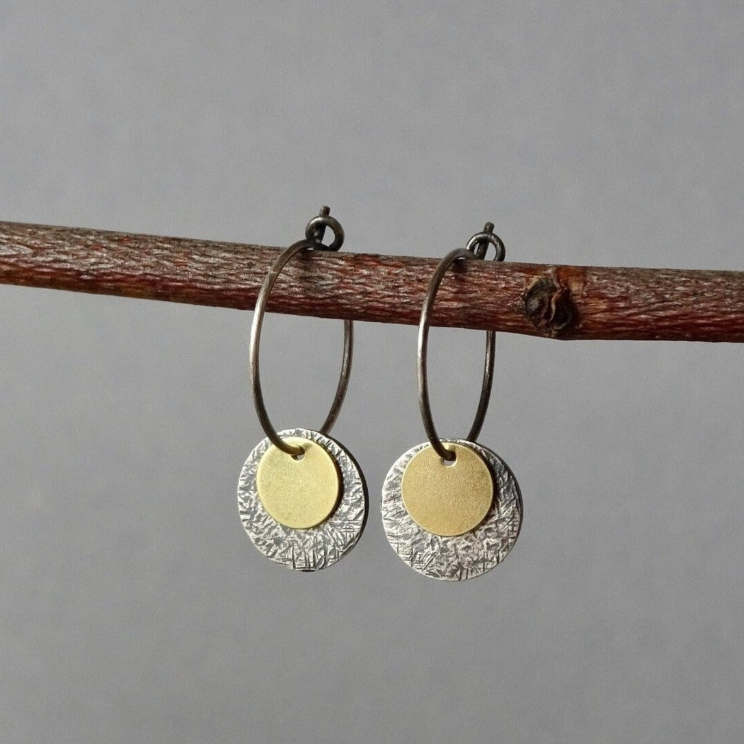 oxidised and 24k gold vermeil disc earrings