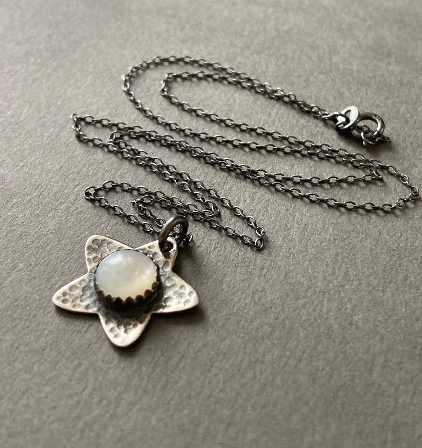 Mother of Pearl, star oxidised sterling silver necklace.