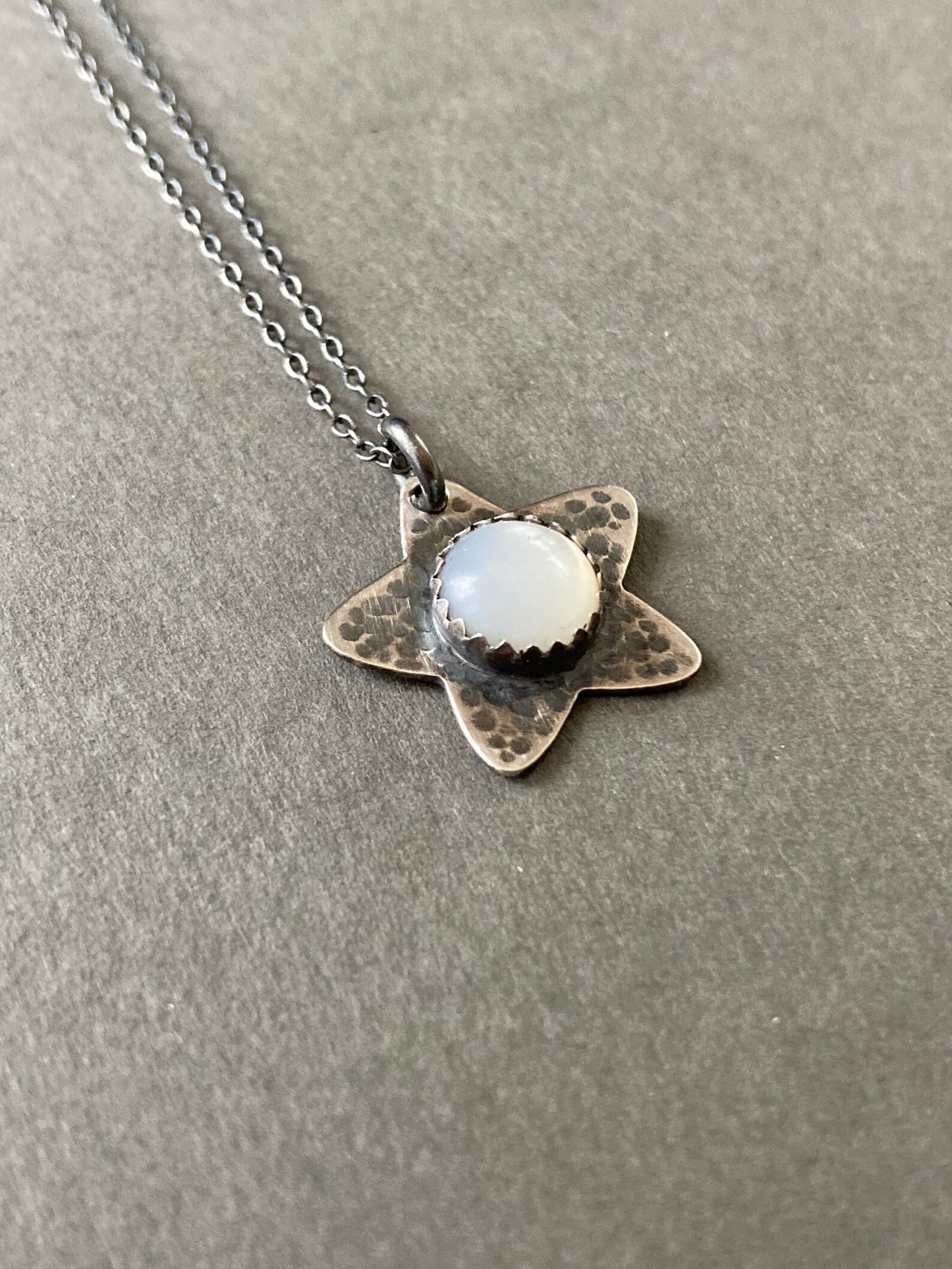Mother of Pearl, star oxidised sterling silver necklace.