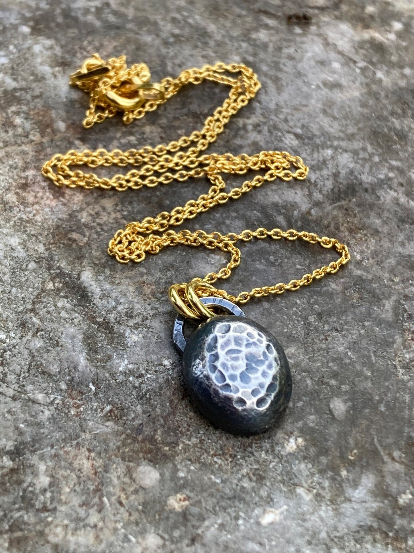 Organic sterling silver pebble necklace, gold vermeil chain.