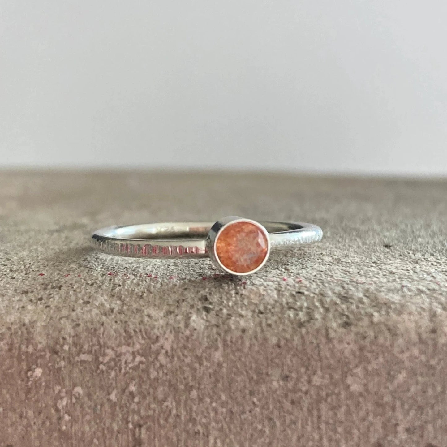 Sunstone textured stackable sterling silver ring.