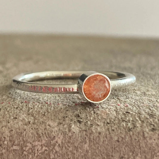 Sunstone textured stackable sterling silver ring.