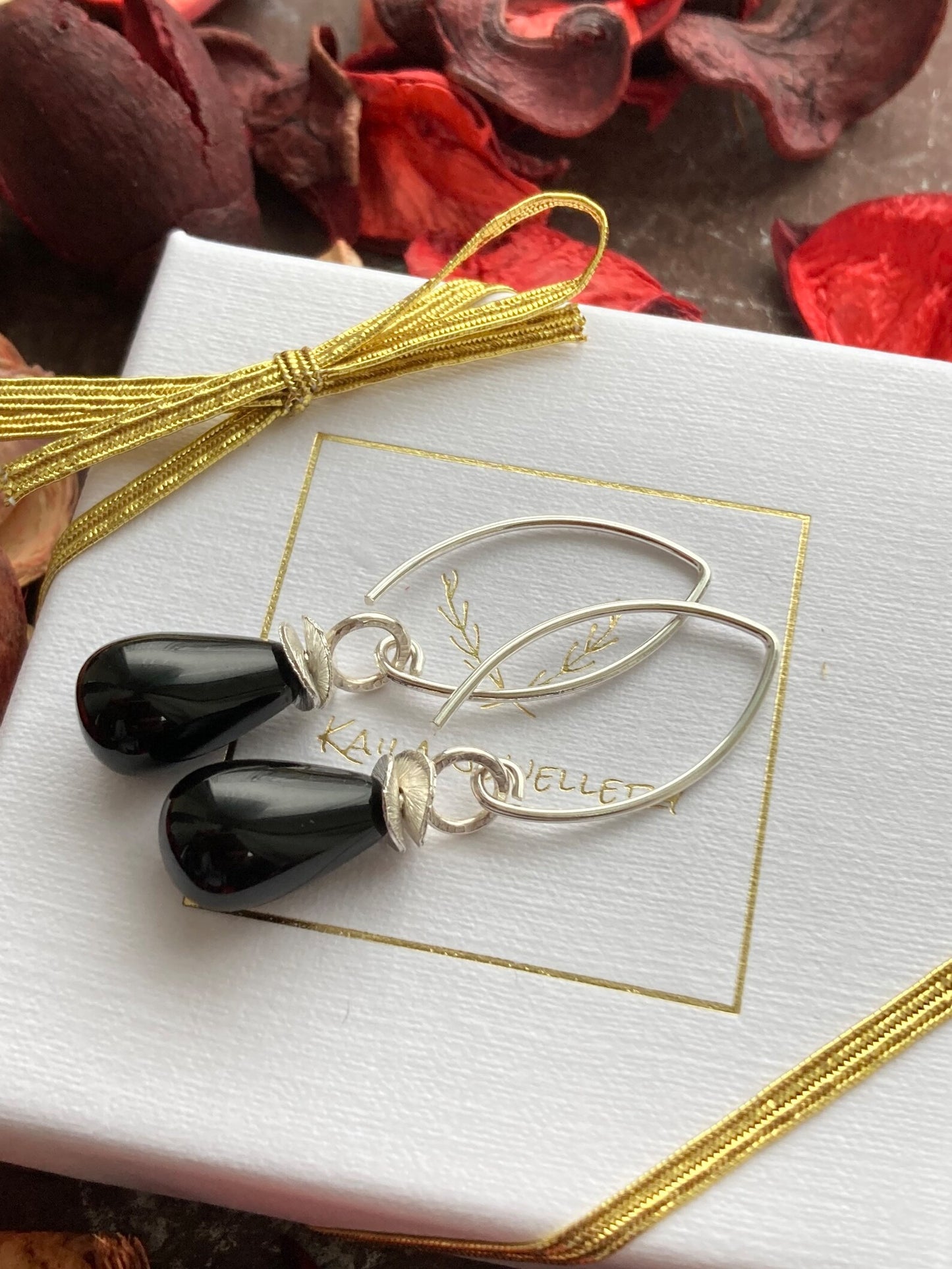 Black onyx briolette sterling silver earrings