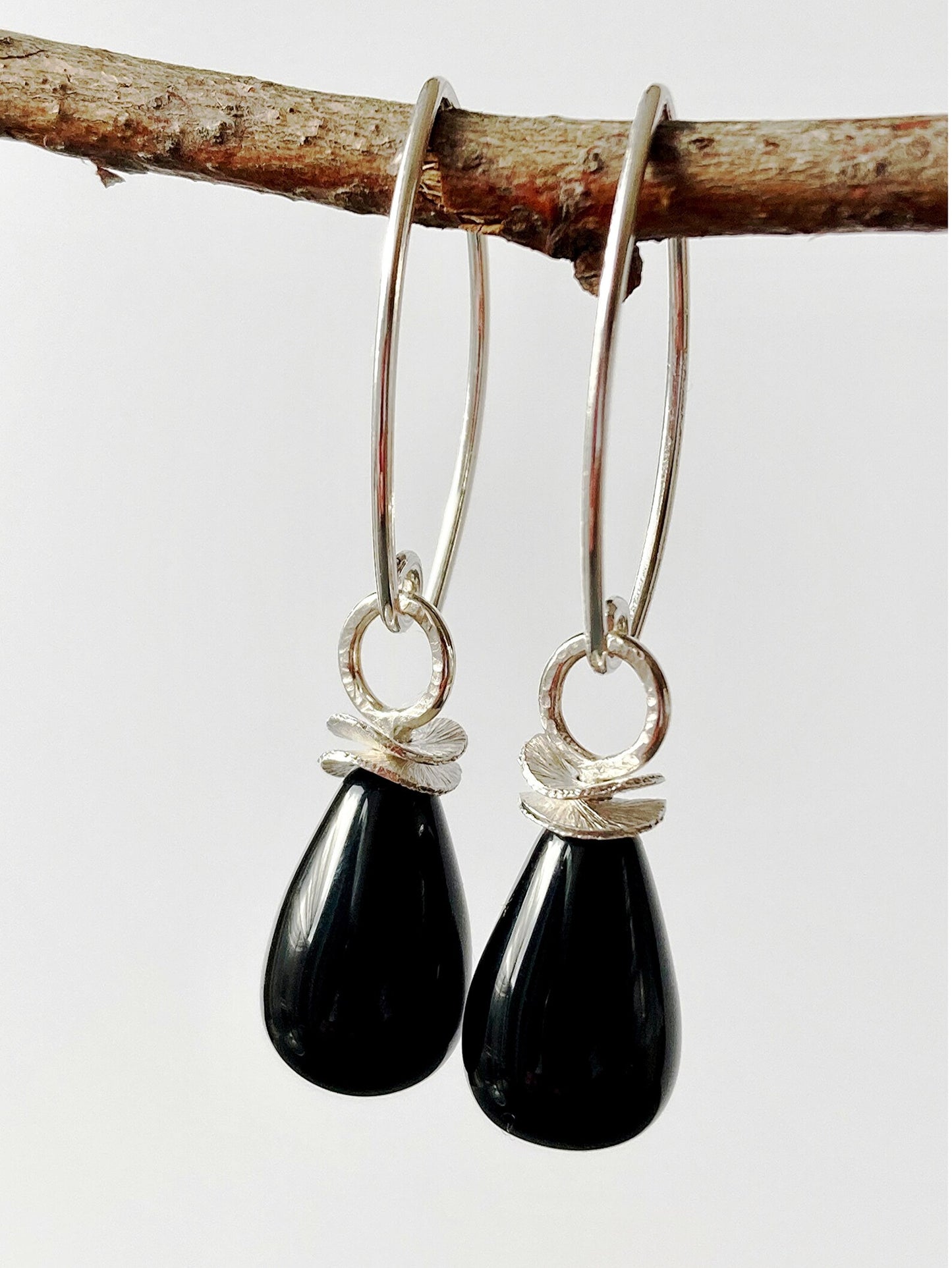 Black onyx briolette sterling silver earrings
