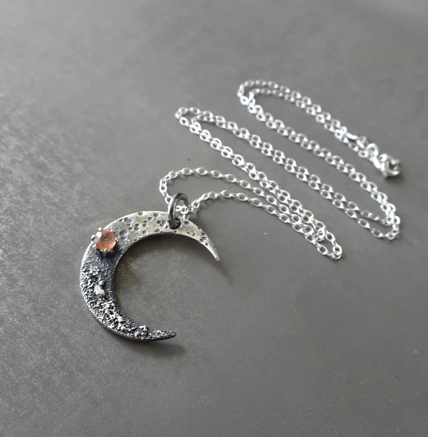 Sunstone crescent moon oxidised sterling silver necklace