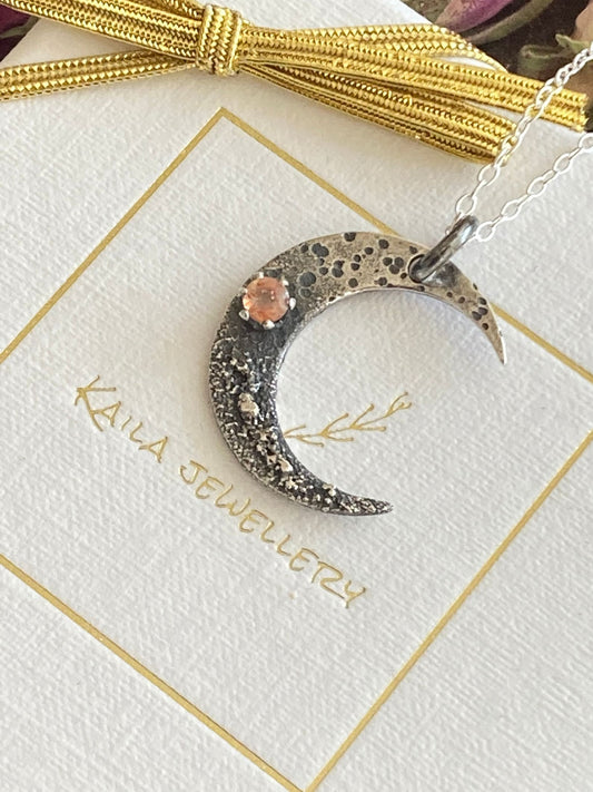 Sunstone crescent moon oxidised sterling silver necklace