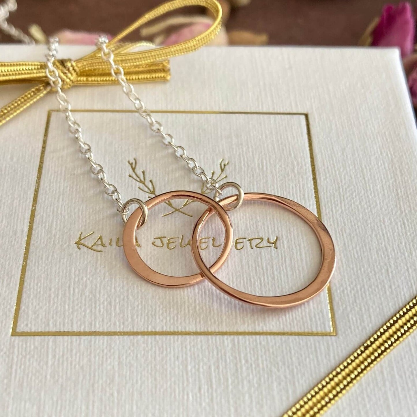 18k gold vermeil two interlocking circles, sterling silver chain