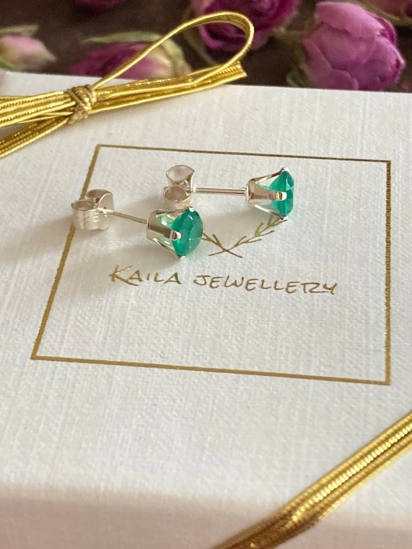 Green onyx sterling silver stud earrings.