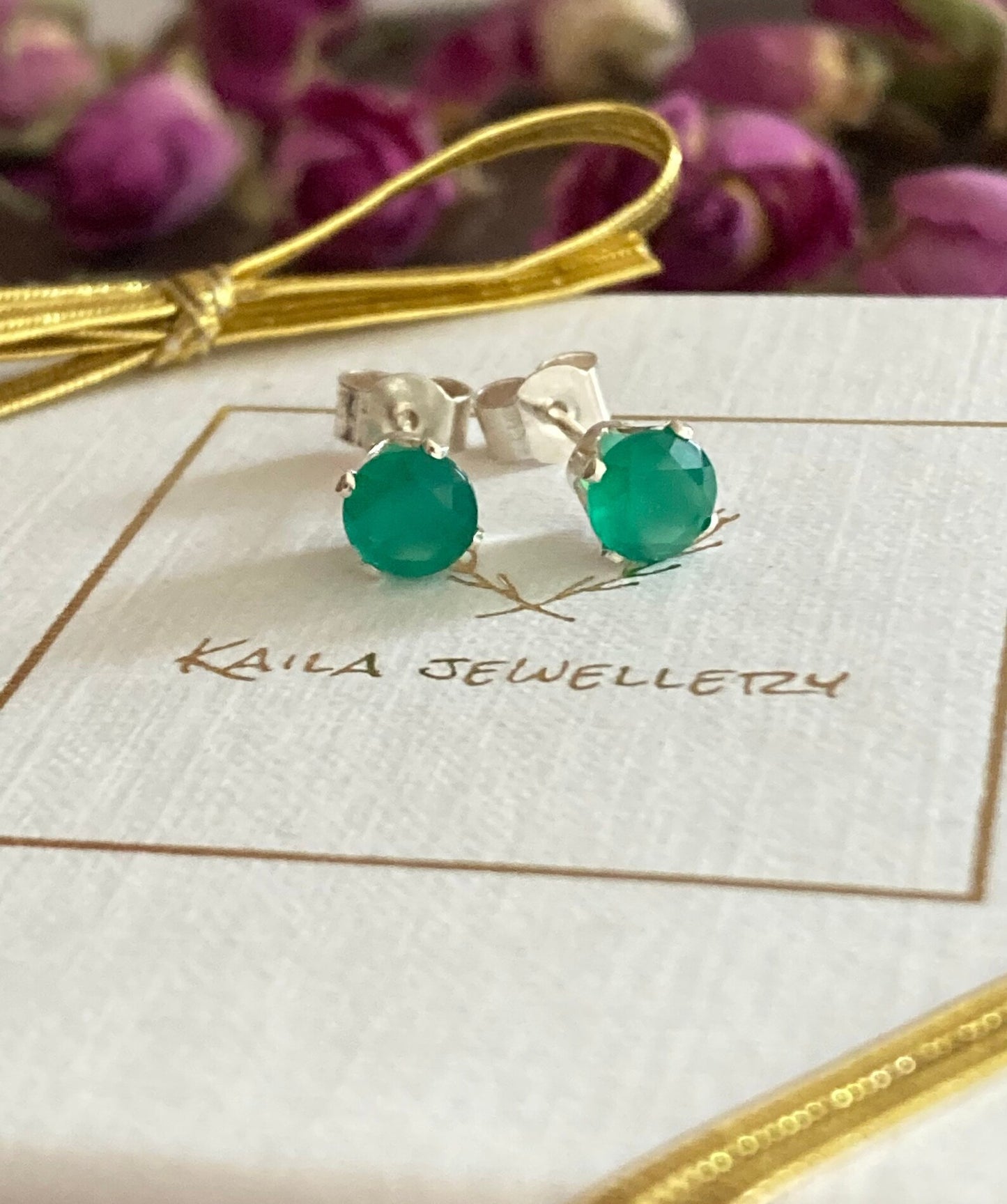 Green onyx sterling silver stud earrings.
