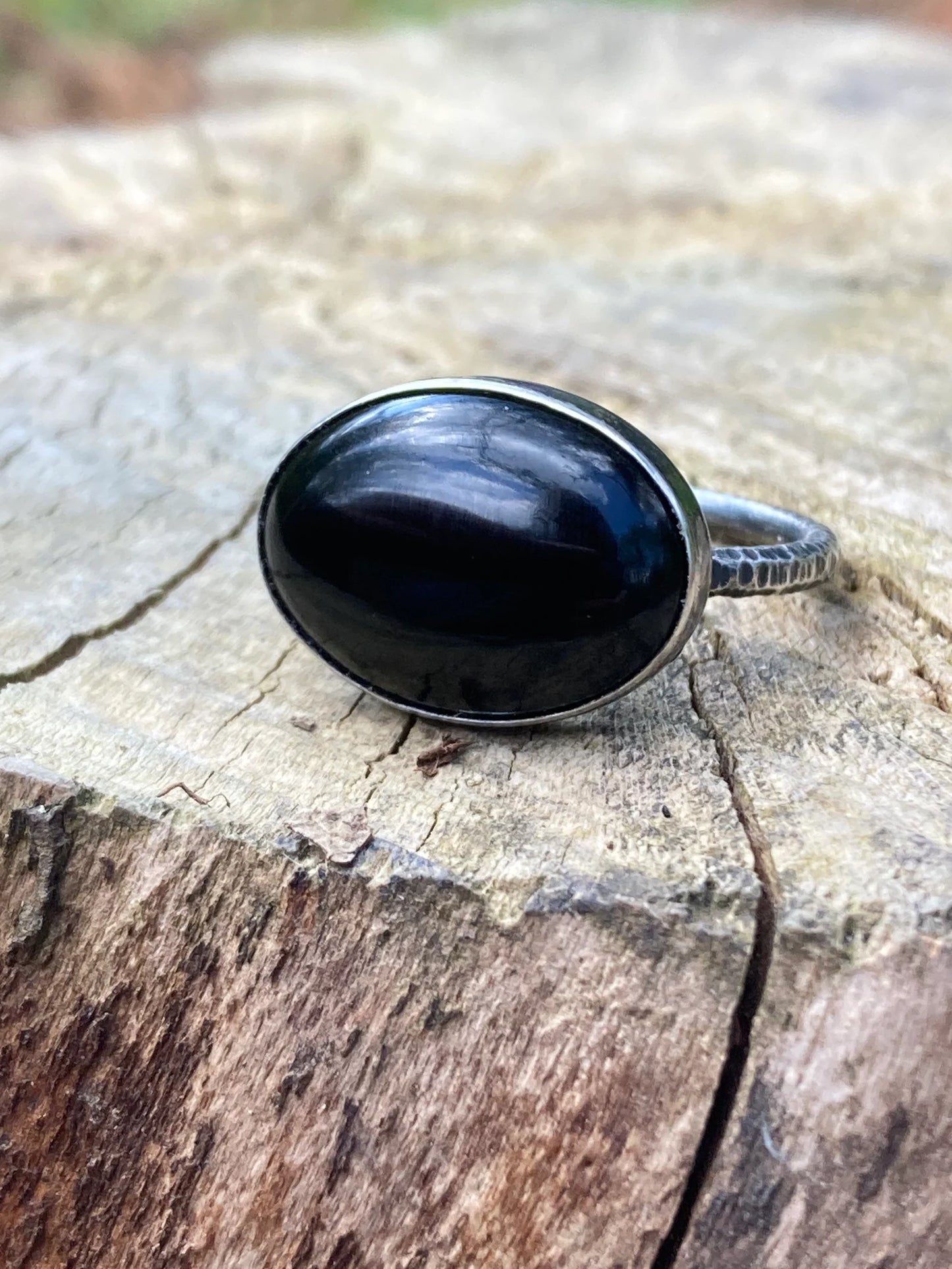 Black onyx rustic sterling silver ring. Made to order.