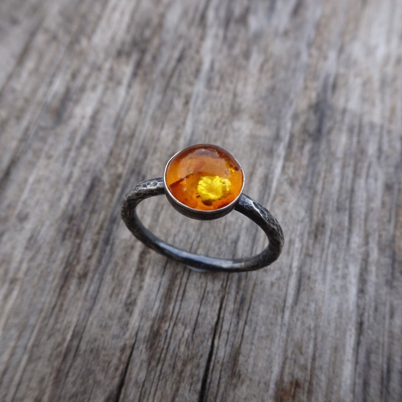 Amber rustic oxidised sterling silver ring. Made to order.