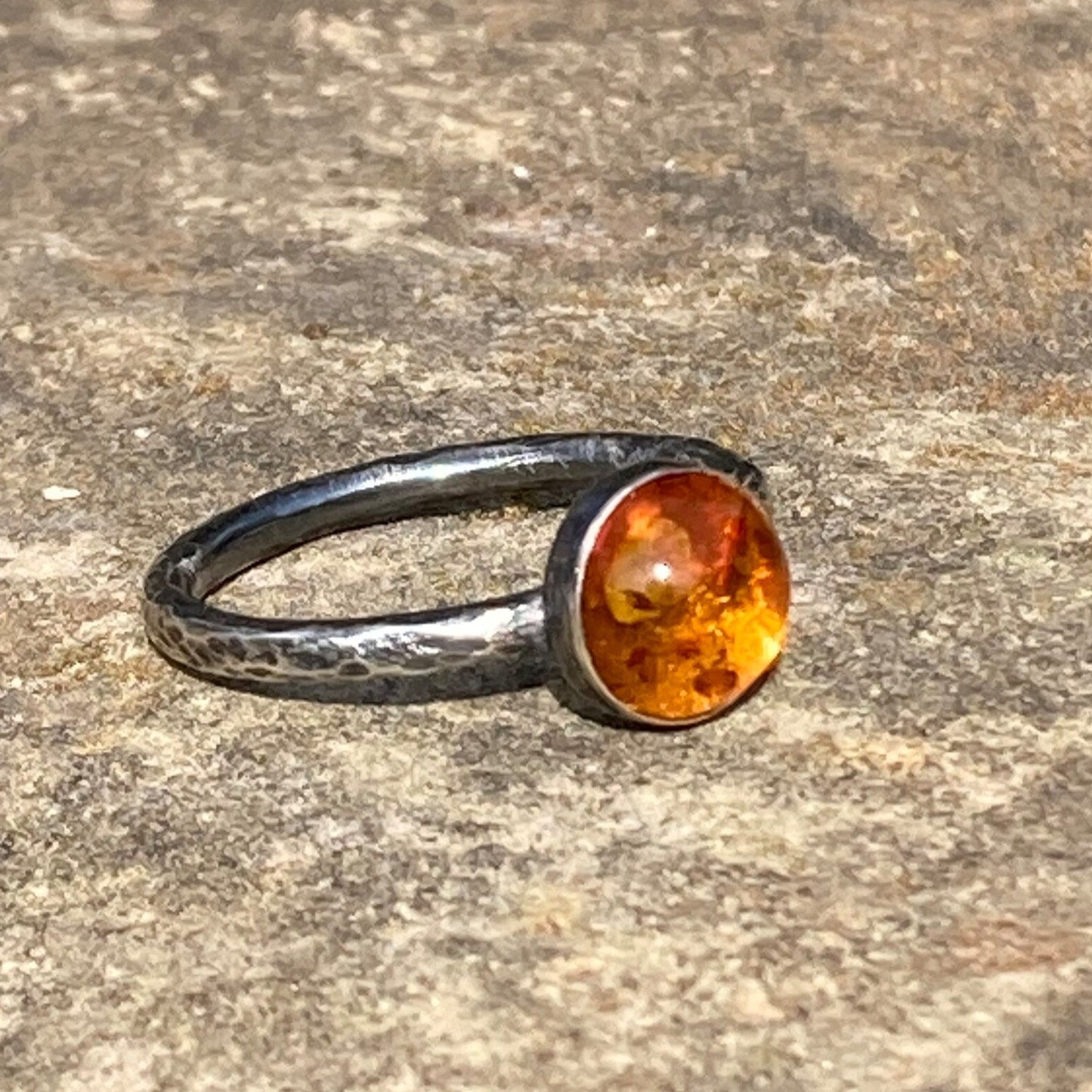 Amber rustic oxidised sterling silver ring. Made to order.