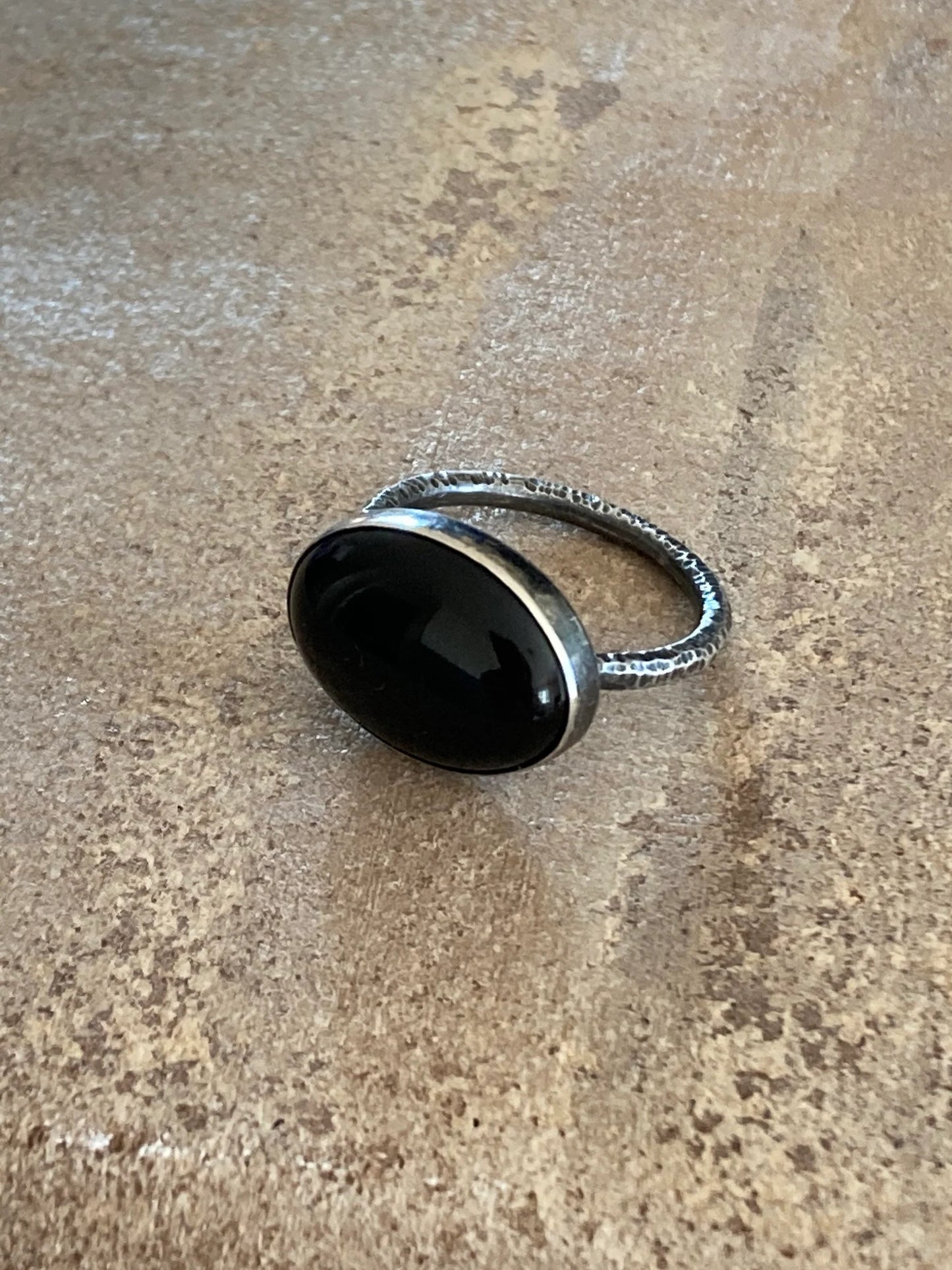 Black onyx rustic sterling silver ring. Made to order.