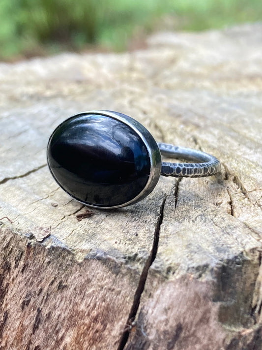 Black onyx rustic sterling silver ring. Made to order.