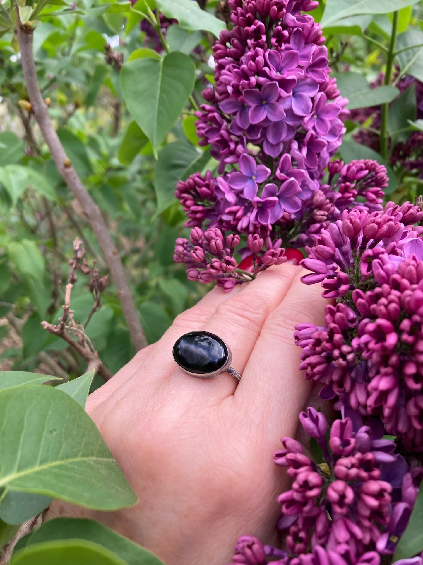 Black onyx rustic sterling silver ring. Made to order.