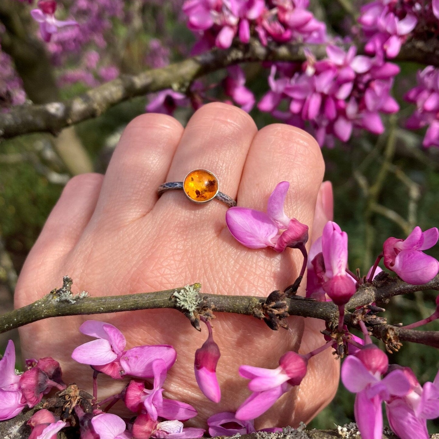 Amber rustic oxidised sterling silver ring. Made to order.