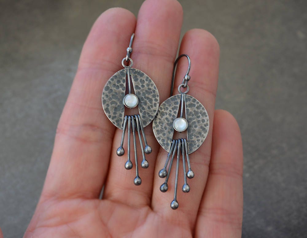 Mother of pearl oxidised sterling silver earrings.