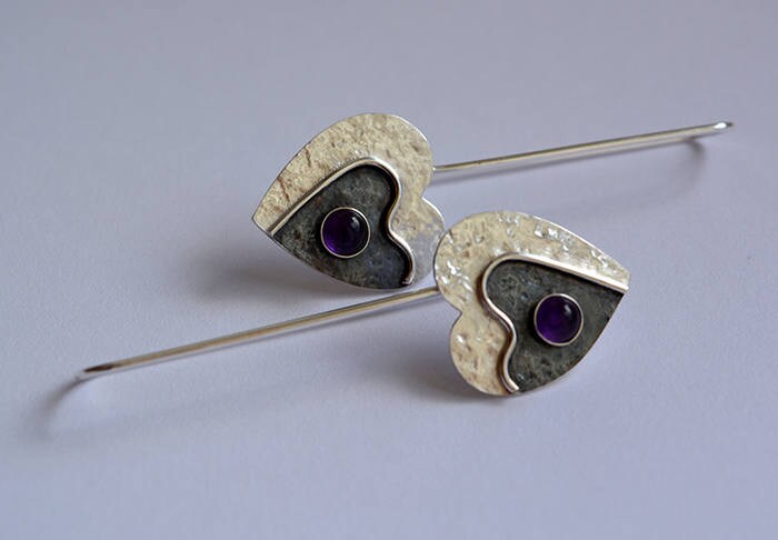 Amethyst heart long sterling silver earrings. February birthstone earrings.