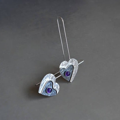 Amethyst heart long sterling silver earrings. February birthstone earrings.