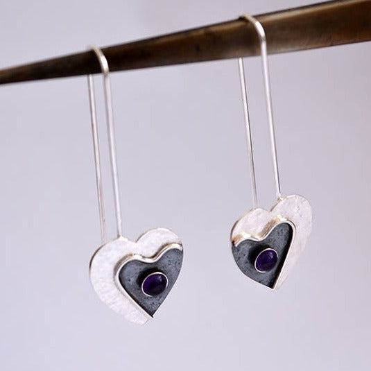 Amethyst heart long sterling silver earrings. February birthstone earrings.