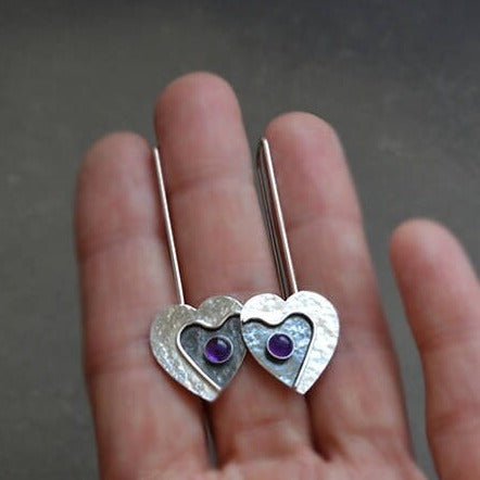 Amethyst heart long sterling silver earrings. February birthstone earrings.