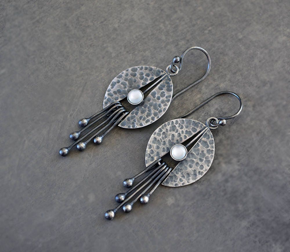Mother of pearl oxidised sterling silver earrings.