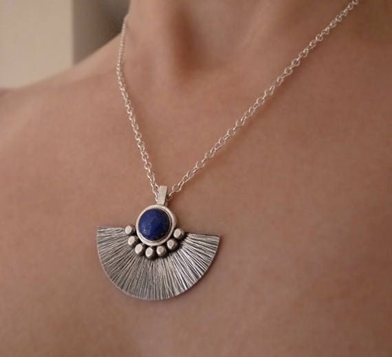 Lapis lazuli sterling silver fan necklace. MADE TO ORDER.