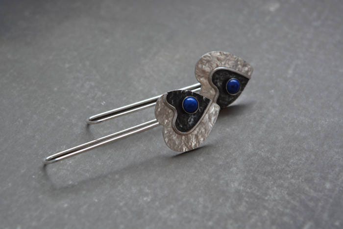 Lapis lazuli sterling silver heart earrings.