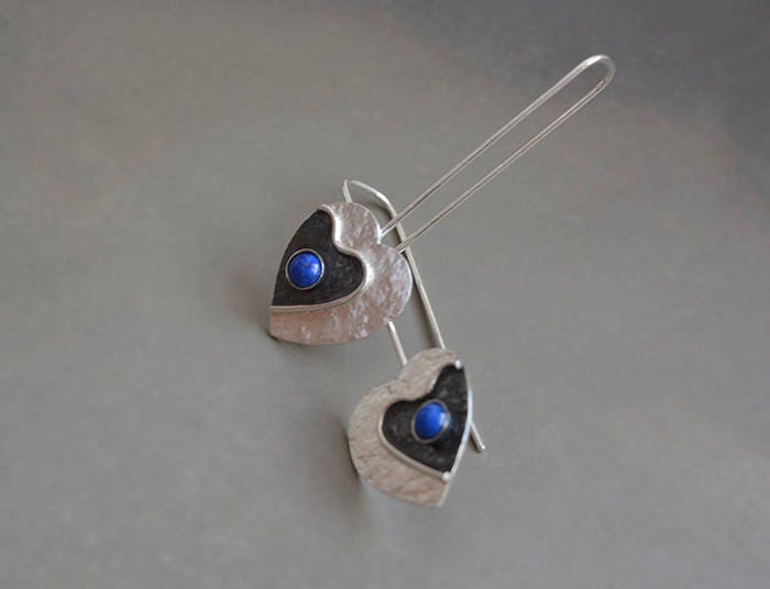 Lapis lazuli sterling silver heart earrings.