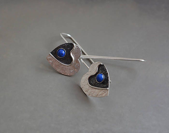 Lapis lazuli sterling silver heart earrings.