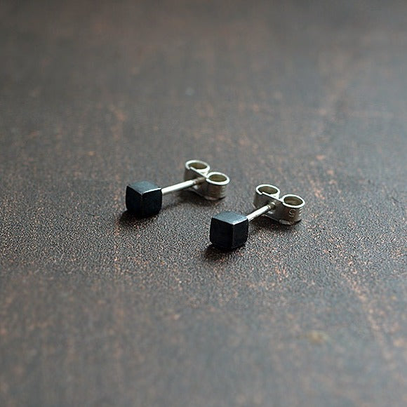 Partially oxidised sterling silver cube stud earrings
