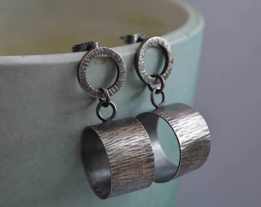 Artisan oxidised sterling silver circle stud earrings.