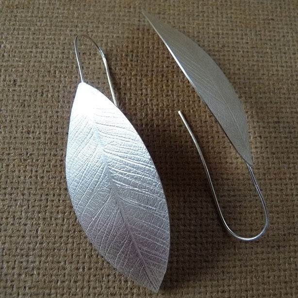Artisan large leaf sterling silver earrings. Made to order.