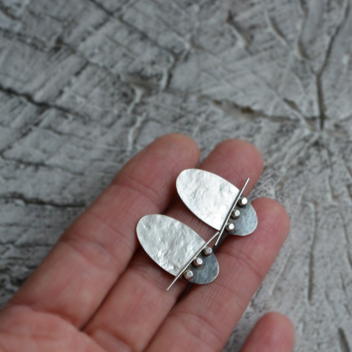 Sterling silver oval textured stud earrings. Oxidised earrings.
