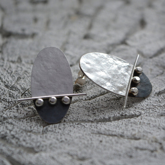Sterling silver oval textured stud earrings. Oxidised earrings.